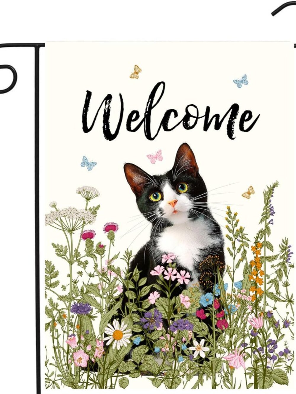 Spring Cat Garden Flag Floral Tuxedo Cat Garden Flags for Outside Summer Flower